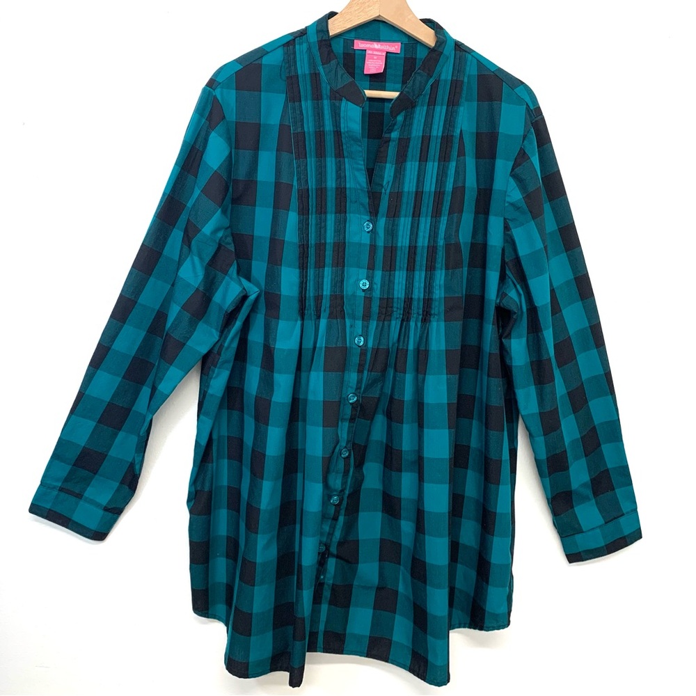 Woman Within Blouse 1X Green Buffalo Plaid Button Up Pin Tuck Long Sleeve Casual